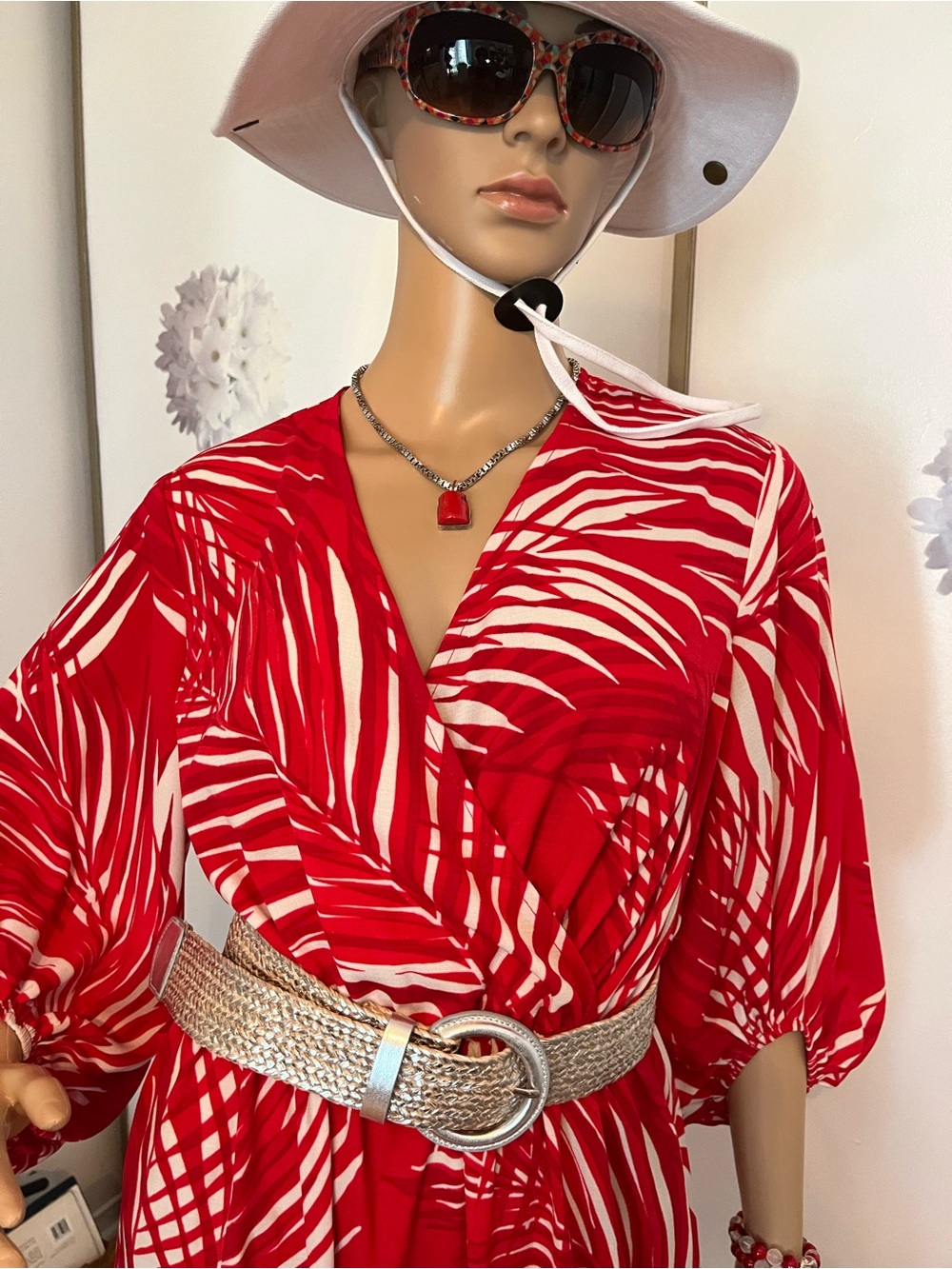 Joseph Ribkoff Red and White Palm-Print Midi Dress - Picture 6 of 11